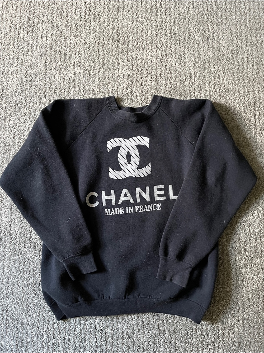 Fake CHANEL Black Crewneck Sweater with silver glitter Logo